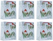 Set of 6 Large Gift Bags with Rope Handle Tag and Silver Foil - Red Robins