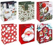 Set of 6 Large Christmas Gift Bags Handle & Tag - Mixed Cute Traditional Designs