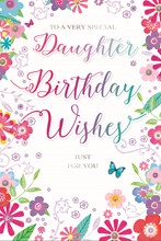 Daughter Birthday Card - Bright Flower Border with Butterflies Silver Foil 9x6"