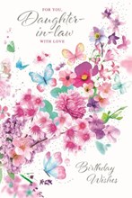 Daughter-in-Law Birthday Card - Lilac Green Blue Butterflies & Pink Flowers 9x6"