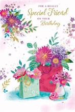Special Friend Birthday Card - Bright Pink and Lilac Flowers with Gold Foil 9x6"