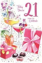 21st Birthday Card - Female Age 21 Pink Presents Cocktails Silver Foil 9x6"
