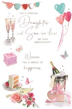 Daughter & Son-in-Law Anniversary Card - Champagne Cake Balloons Silver Foil 9x6