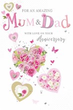 Mum & Dad Wedding Anniversary Card - Pink Hearts Flowers Butterflies & Foil 9x6"