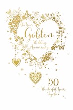 Golden 50th Wedding Anniversary Card - Gold Foiled Flower Butterfly Heart 9x6"