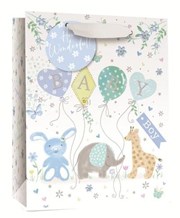 Large Birth Baby Boy Gift Bag - Animals with Blue Green Balloons & Tag 13x10.25"