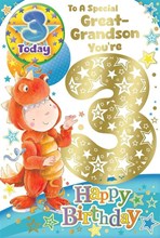 Great Grandson 3rd Birthday Card & Badge - 3 Today Boy as Dinosaur 9x6"