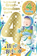 Great Grandson 4th Birthday Card & Badge - 4 Today Boy in Space 9" x 6"