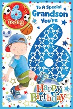 Grandson 6th Birthday Card & Badge - 6 Today Boy with Football & Blue Foil 9x6"