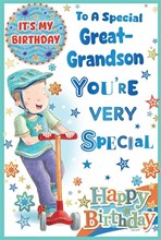 Great Grandson Birthday Card & Badge - Boy on Scooter with Blue Foil 9x6"