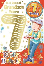 Grandson 7th Birthday Card & Badge - 7 Today Boy on Scooter with Gold Foil 9x6"