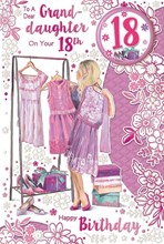 Granddaughter 18th Birthday Card & Badge - Age 18 Girl with Dresses 9x6"
