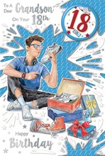 Grandson 18th Birthday Card & Badge - Age 18 Boy with Trainers Silver Foil 9x6"