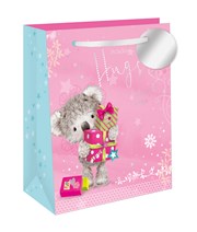 Medium Female Gift Bag - Pink with Koala Bear Hugs and Silver Foil Tag 10"x8.5"