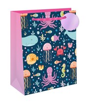 Large Children's Gift Bag - Sea Creatures with Pink Handle Lilac Tag 13x10.5"