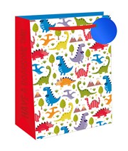 Medium Gift Bag - Dinosaurs Roarsome Time with Blue Tag Ribbon Handle 10x8.5"