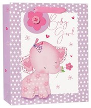 Medium Birth of Baby Girl Gift Bag - Pink Elephant with Flower Hearts 10x8.5"