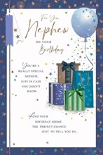 Nephew Birthday Card - Blue Green Presents Balloon and Stars Copper Foil 9x6"