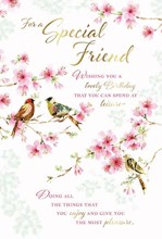 Special Friend Birthday Card - Birds on Blossom Tree with Gold Foil & Verse 9x6"