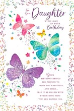 Daughter Birthday Card & Insert - Pink Green Lilac Butterflies Silver Foil 9x6"