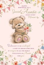 Auntie Birthday Card - Cute Bear with Flowers Bunting Butterflies & Verse 9x6"