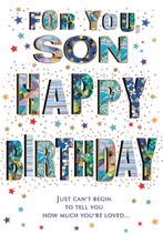 Son Birthday Card - Blue Green Letters and Stars with Gold Foil and Insert 9x6"