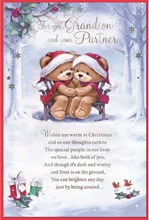 Grandson & Partner Christmas Card - Bears on Bench with Verse & Silver Foil 9x6"