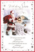 Son Christmas Card - Traditional Santa Robin on Gate in Snow Silver Foil 9x6"