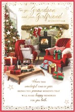 Grandson & Girlfriend Christmas Card with Insert - Living Room & Gold Foil 9x6"