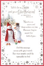 Son & Girlfriend Christmas Card with Insert - Snowman Couple Silver Foil 9x6"