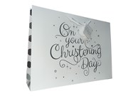 Extra Large Christening Gift Bag - Landscape White with Silver Foil 17.5x13x4"