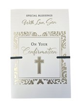 Son Confirmation Day Card - Holy Bible Cross and Blue Foil 9" x 4.75"