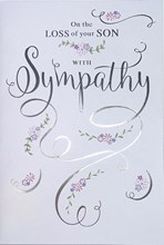 Loss Of Your Son Sympathy Card - Flowers and Silver Foiled Writing Swirls 7.5"x5