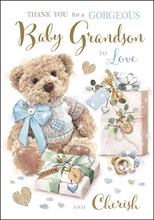 Jonny Javelin Thank You For Baby Grandson Card - Teddy Blue Bow 9x6.25"