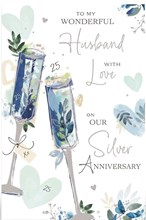 Husband Silver 25th Wedding Anniversary Card - Blue Champagne Flutes 9x6"