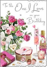 Jonny Javelin One I Love Birthday Card - Pink Flowers Champagne Silver Foil 9x6