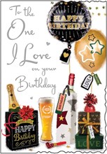 Jonny Javelin One I Love Birthday Card - Beer Wine Presents Balloons Foil 9x6.25