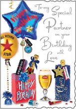 Jonny Javelin Partner Birthday Card - Beer Presents Balloons Silver Foil 9x6.25"