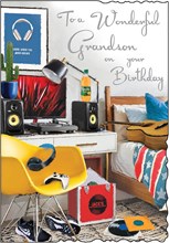 Jonny Javelin Grandson Birthday Card Guitar on Bed Vinyl's Music & Foil 9x6.25"