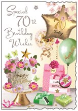Jonny Javelin 70th Birthday Card - Age 70 Floral Cake Presents Balloons 9x6.25"