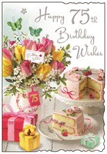 Jonny Javelin 75th Birthday Card - Age 75 Pink Yellow Tulips Cake & Foil 9x6.25"