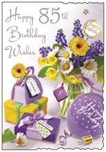 Jonny Javelin Age 85 Birthday Card - 85th Birthday Purple Yellow Flowers 9x6.25