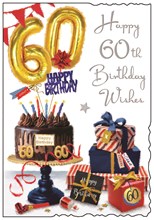 Jonny Javelin 60th Birthday Card - Age 60 Cake with Red & Blue Presents 9x6.25"