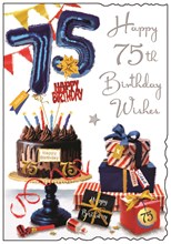 Jonny Javelin 75th Birthday Card - Age 75 Cake with Blue and Red Presents 9x6.25