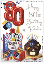 Jonny Javelin 80th Birthday Card - Age 80 Cake Red Present Balloons Foil 9x6.25"