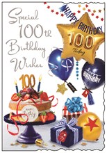 Jonny Javelin Age 100 Birthday Card - 100th Birthday Cake Blue Balloons 9x6.25"
