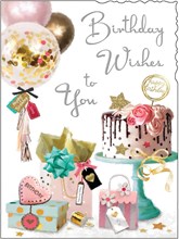 Jonny Javelin Open Female Birthday Card - Drip Cake Presents & Balloons 7.25x5.5