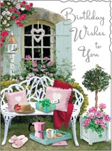 Jonny Javelin Floral Birthday Card - Garden Bench Birds & Silver Foil 7.25x5.5"