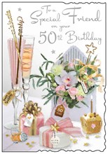 Jonny Javelin Special Friend 50th Birthday Card - Champagne Flute Flowers 9x6.25