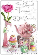Jonny Javelin Special Friend 80th Birthday Card - Pink Teapot Flower Cake 9x6.25